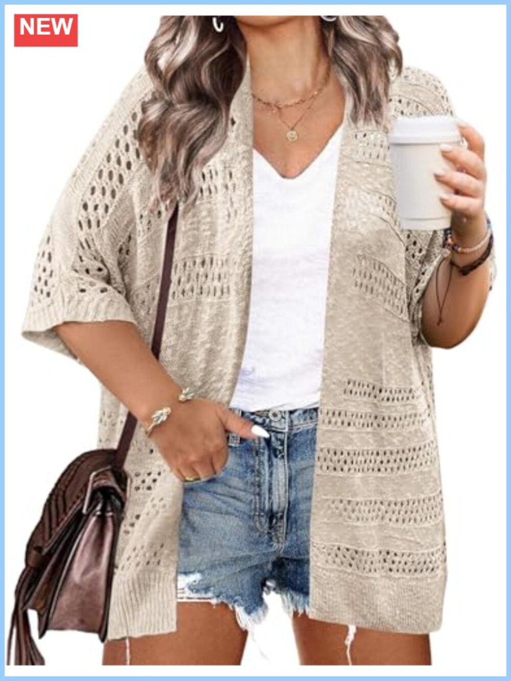 Plus Size Crochet Cardigan Women Short Sleeve Lightweight Kimono Cover Up Boho